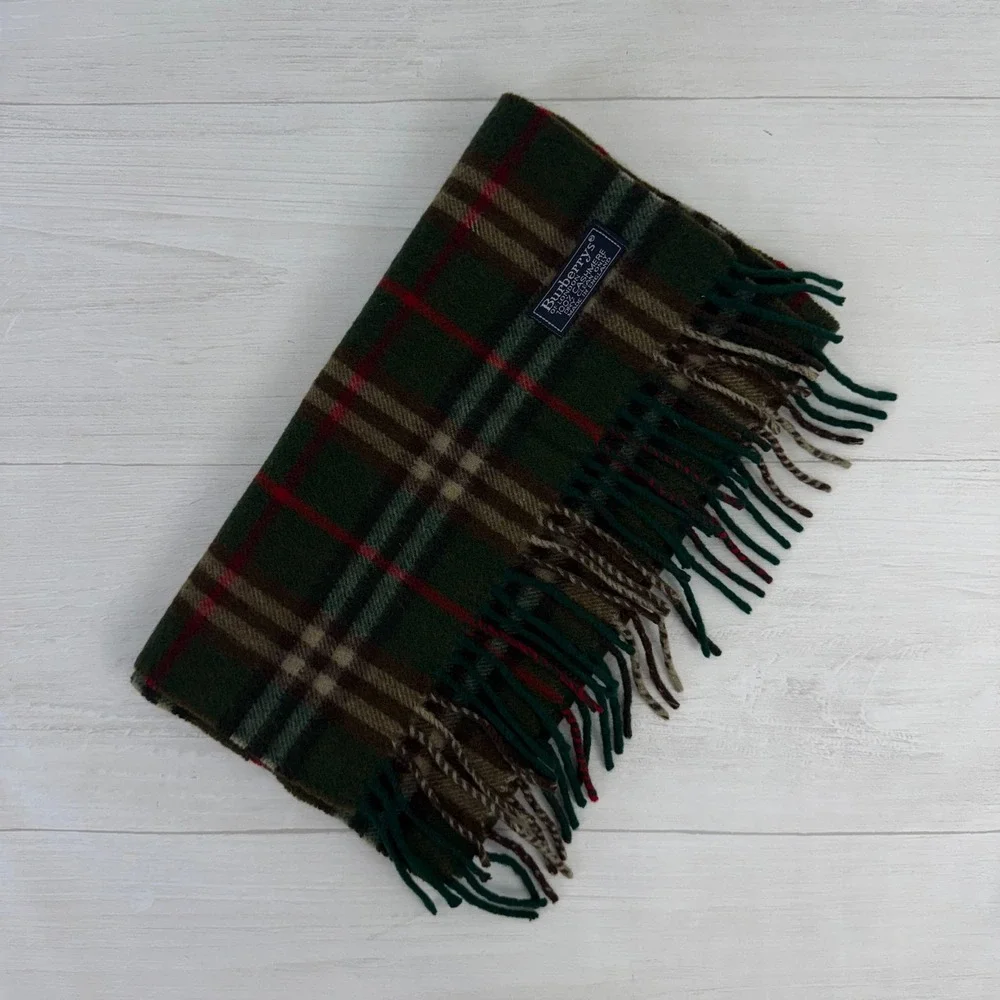 Vintage Burberry Cashmere Scarf Unisex Green Plaid Nova Check Heritage Luxury